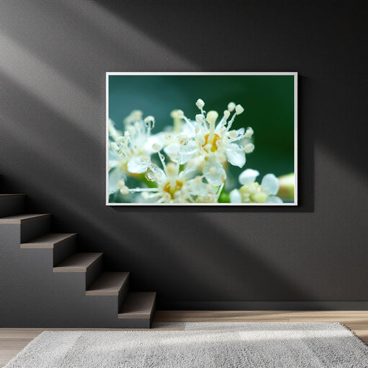 A framed wall art print showing white flowers against a dark green background, displayed on a dark gray wall above a staircase in a modern interior setting.