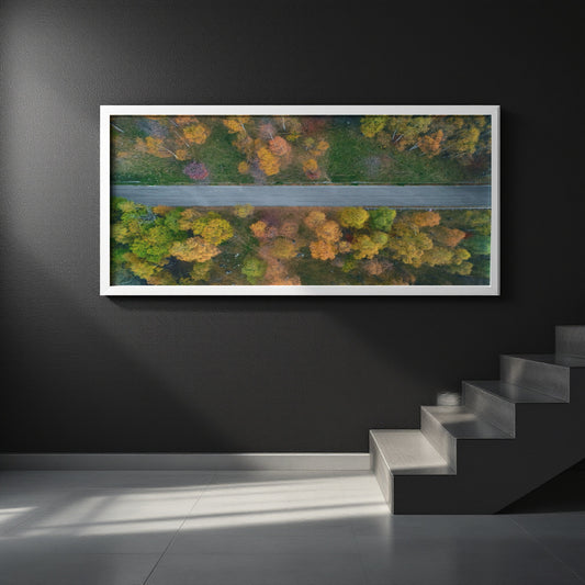 A framed aerial photograph of a forest with autumn foliage and a road, displayed on a dark gray wall above a staircase.