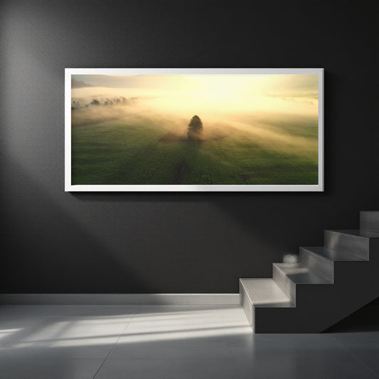 A framed landscape art print depicting a misty green field with a lone tree under a warm glowing sky, displayed on a dark gray wall above a modern staircase.