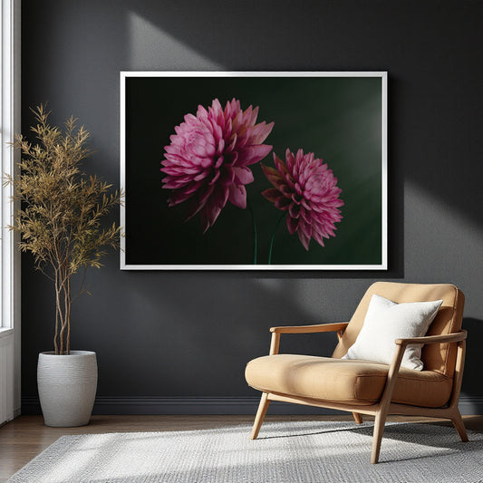 A framed wall art print featuring two pink flowers on a dark background, displayed in a modern living room setting above a tan armchair and next to a potted plant.