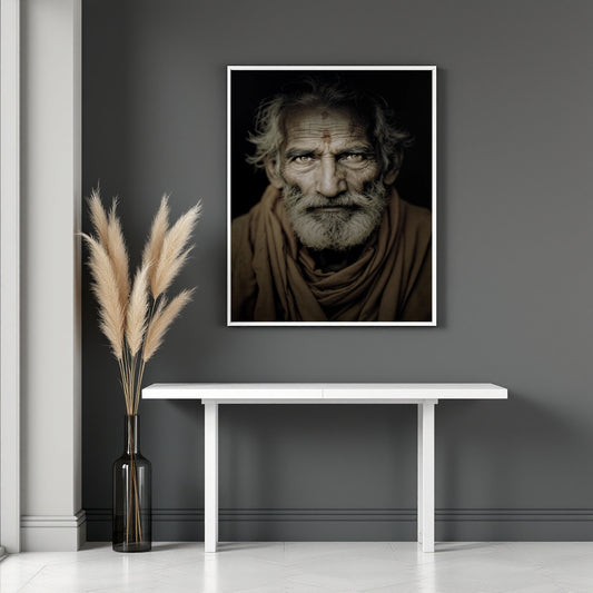 A framed black-and-white portrait print of an elderly man with a beard hangs on a dark gray wall above a white console table, with a vase of pampas grass to the left.