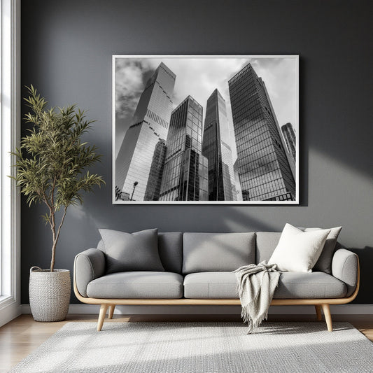 A large black and white framed canvas print of modern skyscrapers hangs on a dark gray wall above a contemporary gray sofa in a styled living room.