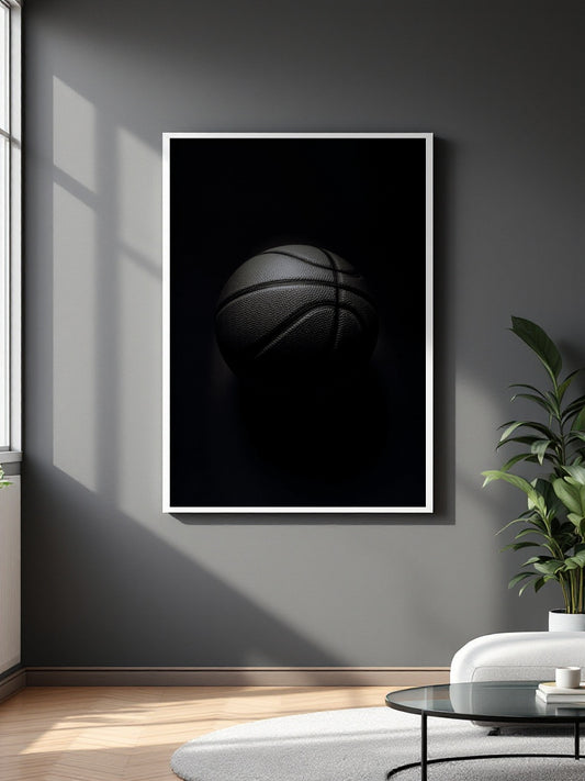 A framed wall art print featuring a dark basketball on a black background, hung on a gray wall in a modern living room setting with a plant and white sofa visible.