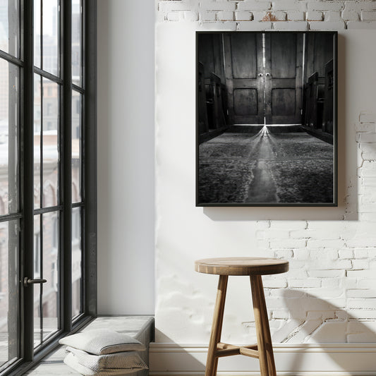 A black and white framed art print depicting a long hallway with a central staircase, displayed on a white brick wall above a wooden stool in a modern loft room setting.