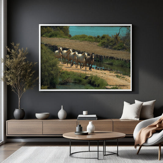 A framed landscape art print depicting a flock of sheep walking along a dirt path near water, displayed on a dark gray wall in a modern styled living room setting.