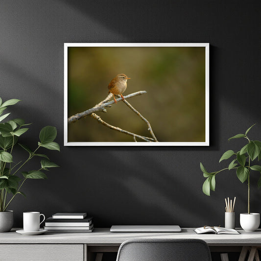 A framed wall art print showing a small brown bird perched on a branch, displayed on a dark gray wall above a desk with plants, books, and a cup.