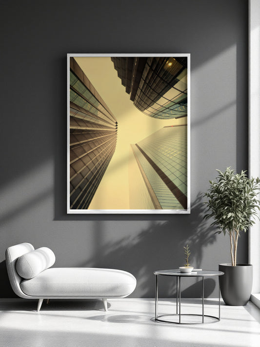 A framed vertical art print depicting an upward perspective of modern skyscrapers converging toward a warm yellow sky, displayed on a dark gray wall in a styled living room setting with a white lounge chair, side table, and potted plant.