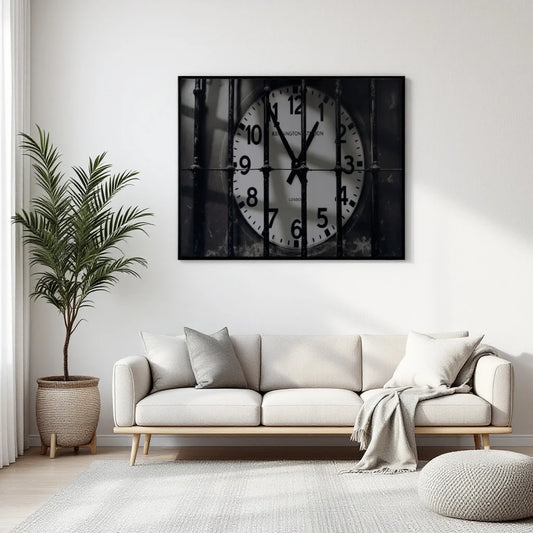 A black and white canvas wall art print of a clock behind bars, displayed in a modern living room setting above a light beige sofa with a potted plant and rug.