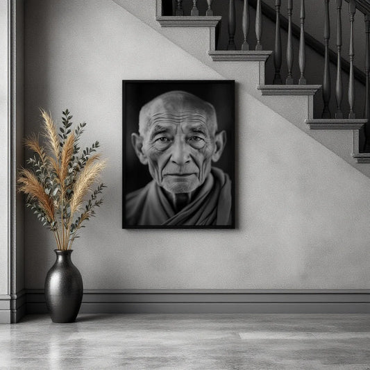 A framed black and white portrait print of an elderly man hangs on a light gray wall in a modern interior setting with a staircase and a vase of dried grass.