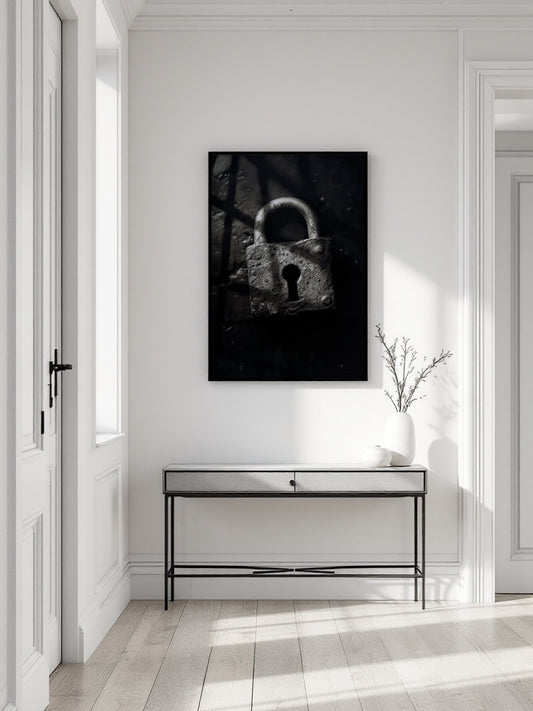 A black and white framed wall art print of an antique padlock hanging on a white wall in a bright, modern hallway above a minimalist console table.