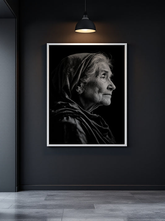 A framed black and white portrait print of an elderly woman in profile, displayed on a dark charcoal wall under a hanging lamp. The print has a white border and is shown in a minimalist interior setting with gray floor tiles.