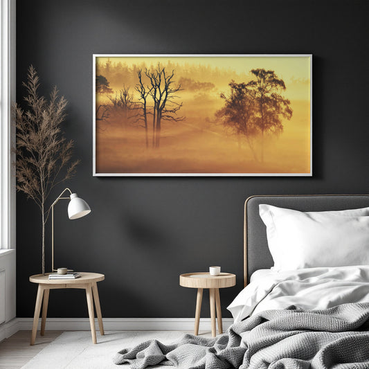 Whispers Through the Trees panoramic fine-art landscape print displayed in a premium framed interior mock-up