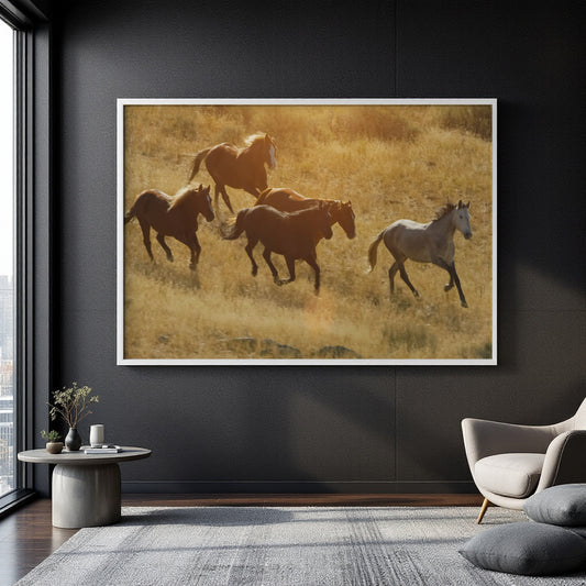 A framed wall art print showing five horses running through golden grass, displayed on a dark charcoal wall in a modern living room setting with a gray armchair, side table, and window.