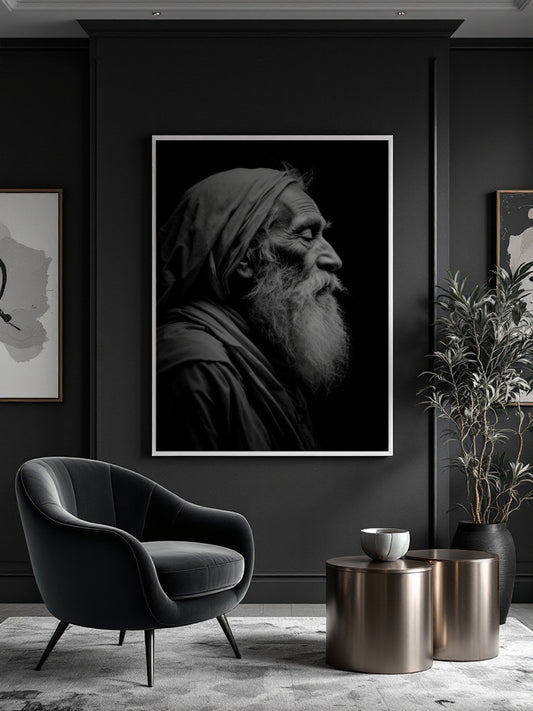A large black and white portrait print of an elderly bearded man in profile, displayed in a white frame on a dark charcoal wall above a modern gray armchair and metallic side tables.