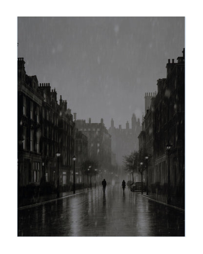 A large black and white framed art print depicting a moody city street scene, displayed on a dark charcoal wall in a modern living room setting with a black velvet armchair, metallic side tables, and a potted plant.