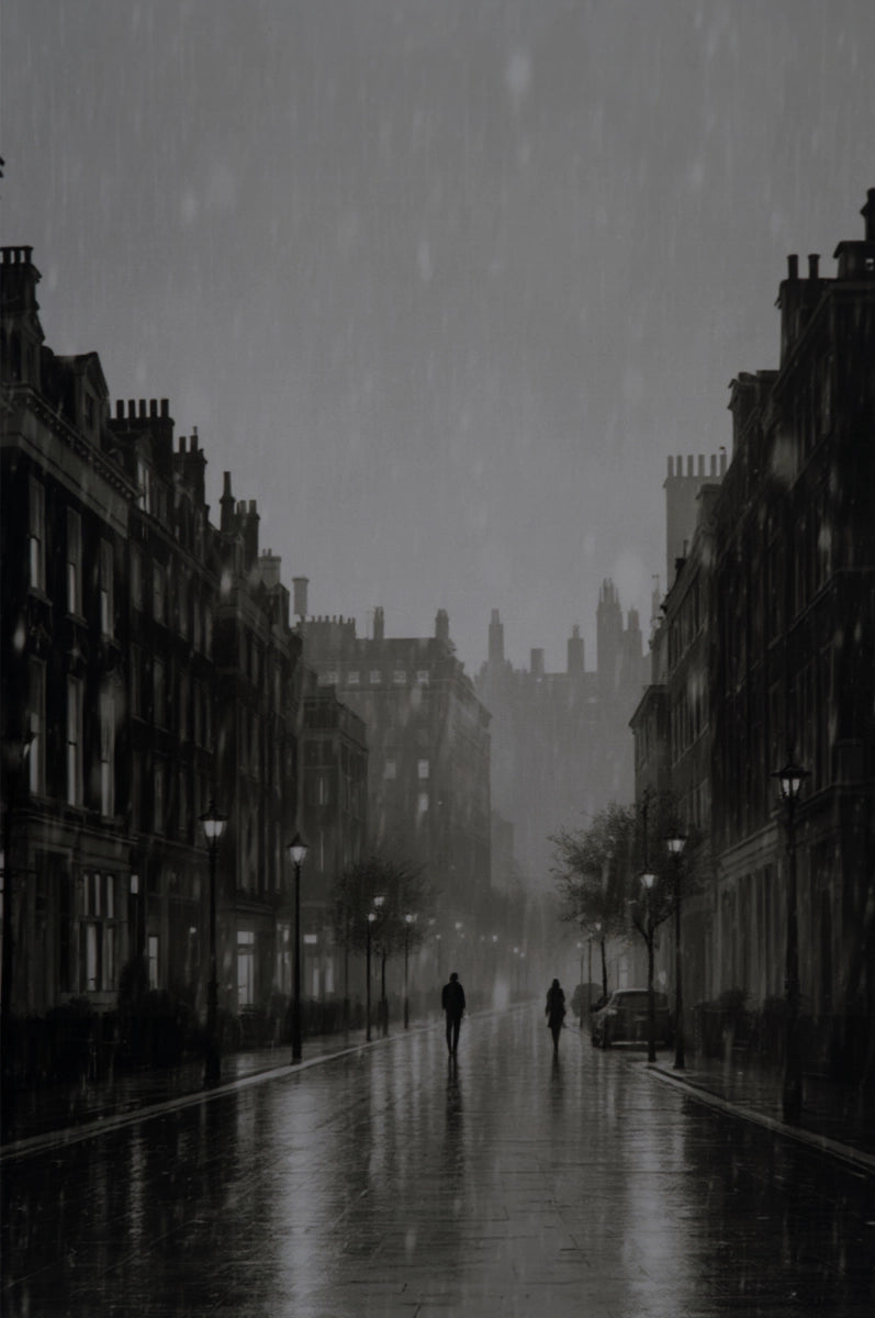 A black and white photograph of a rain-slicked city street lined with tall buildings, with a few small figures walking in the distance under falling rain.