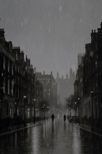 A black and white photograph of a rain-slicked city street lined with tall buildings, with a few small figures walking in the distance under falling rain.