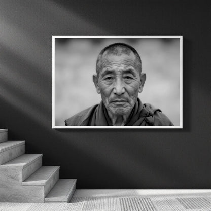 A framed black and white portrait print of an elderly man hanging on a dark wall above a staircase.