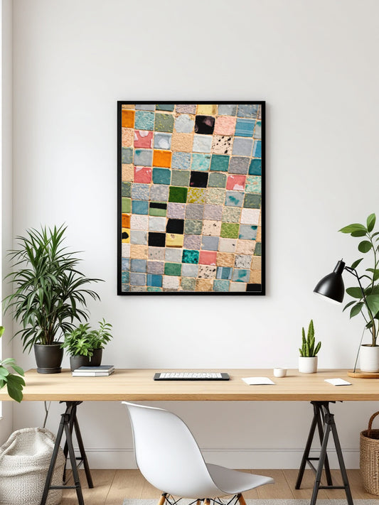 A square mosaic tile pattern featuring a grid of small, textured ceramic tiles in a variety of colors including blue, green, pink, orange, yellow, black, and beige.