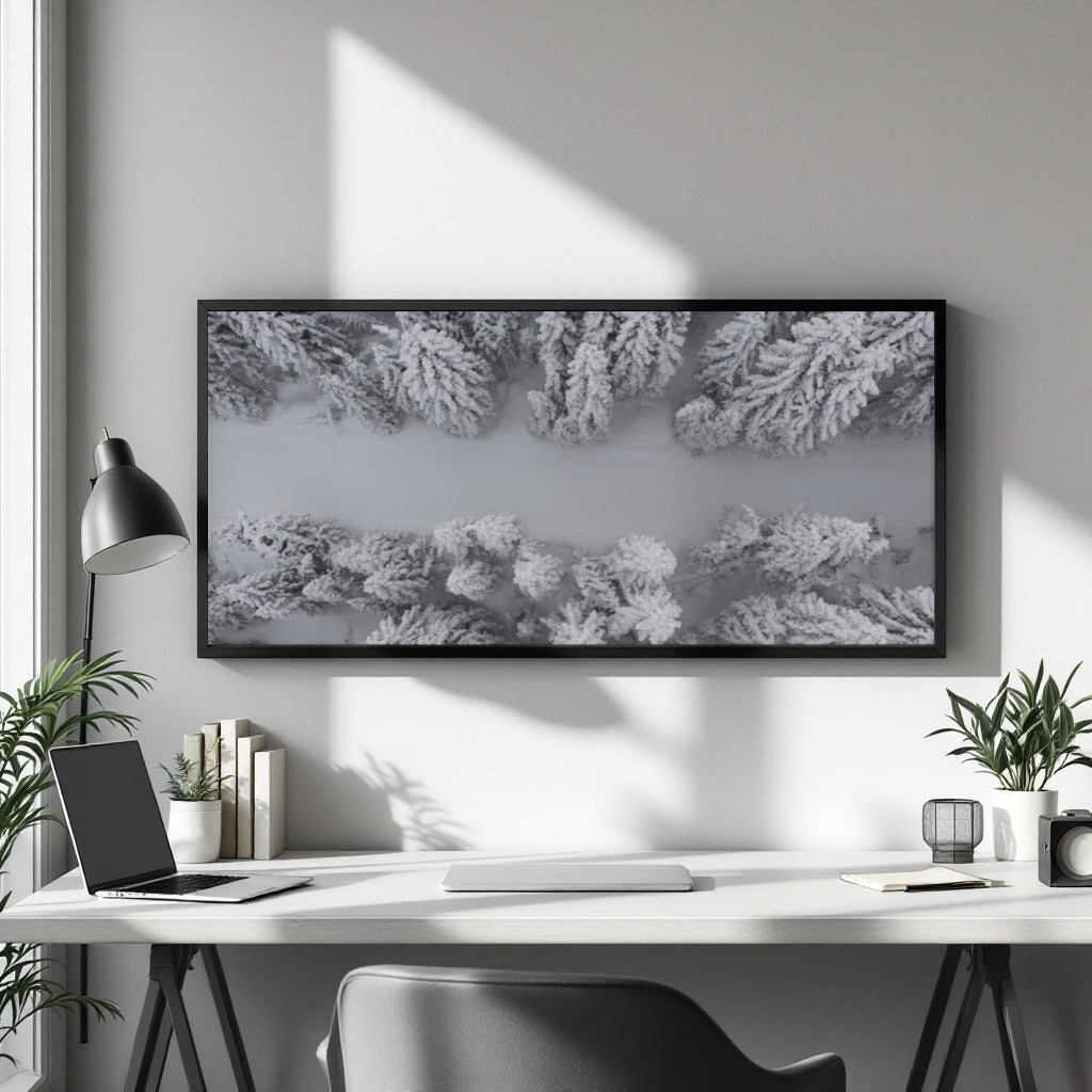 A framed black-and-white aerial photograph of snow-covered trees hanging on a light gray wall above a modern white desk with a laptop, lamp, and plants.