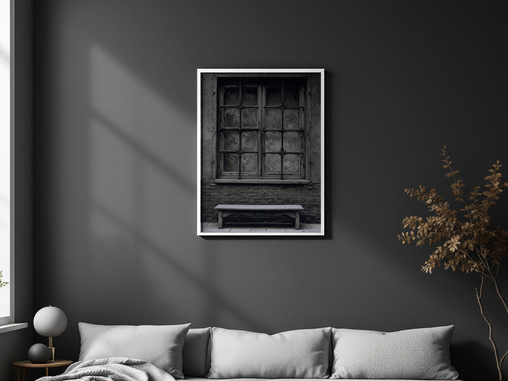 A framed black and white art print of an old window and bench, displayed on a dark gray wall above a modern gray sofa in a styled living room.
