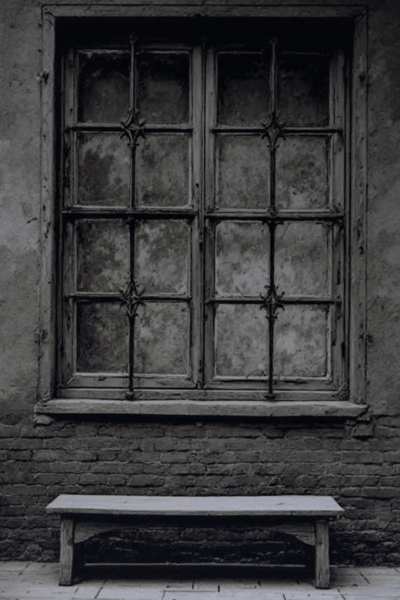 A dark, moody photograph of an old, weathered wooden window with multiple panes and a rustic brick wall behind it, with a simple wooden bench in the foreground.