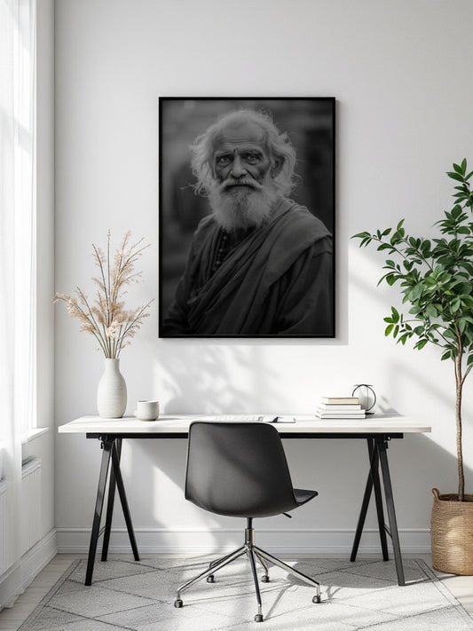 A black and white framed portrait print of a bearded man hangs on a white wall above a modern desk with a black chair, styled with a vase of dried grasses and a potted plant in a bright room.