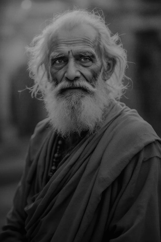 Black and white portrait of an elderly man with a long white beard and wild hair, wearing draped robes and looking directly at the camera.