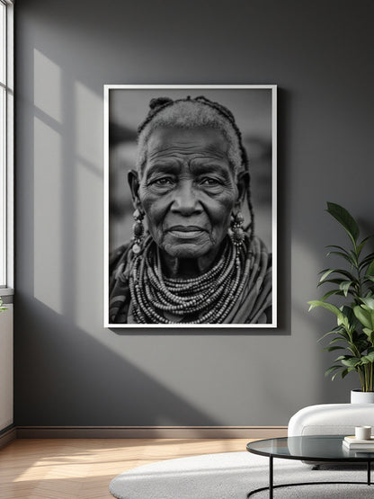 A framed black and white portrait print of an elderly woman with beaded necklaces, displayed on a dark gray wall in a modern living room setting with a plant and coffee table.