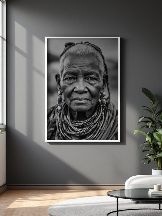 A framed black and white portrait print of an elderly woman with beaded necklaces, displayed on a dark gray wall in a modern living room setting with a plant and coffee table.