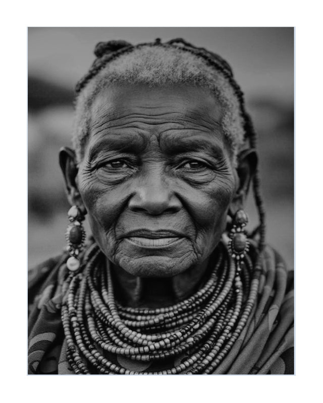 Black and white portrait photograph of an elderly woman with braided hair, layered beaded necklaces, and large dangling earrings, shown within a white border.