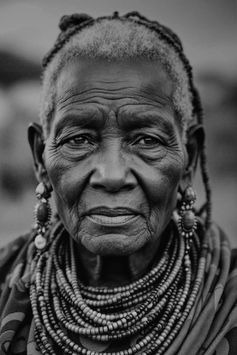 Black and white close-up portrait of an elderly woman with braided hair, layered beaded necklaces, and large dangling earrings, shown against a softly blurred background.