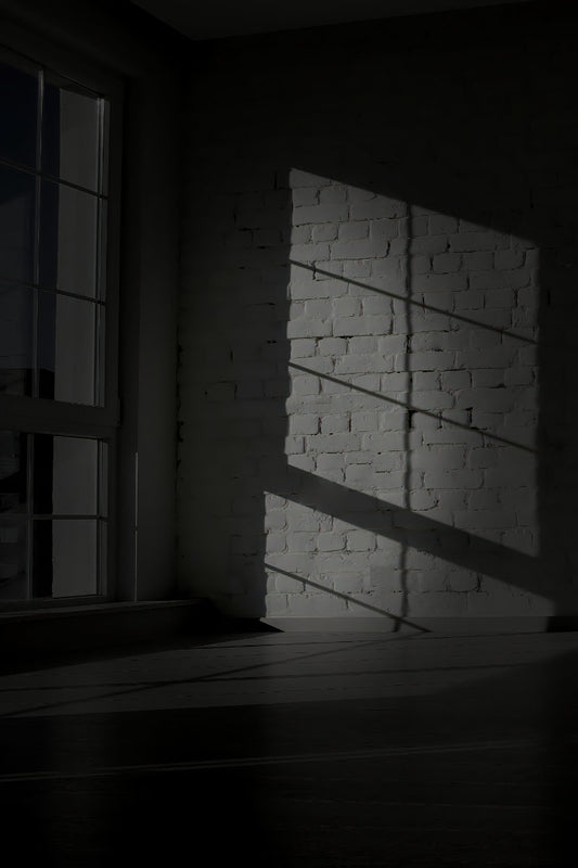 A moody black and white photograph of a white brick wall illuminated by dramatic diagonal sunlight casting shadows across the wall and floor.