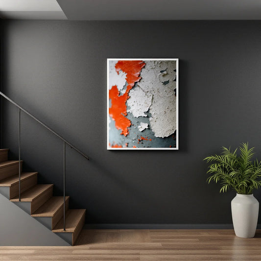 Abstract framed wall art hanging on a dark gray wall in a modern interior, featuring textured orange, white, and gray brushstrokes. A wooden staircase is on the left and a potted green plant in a white vase is on the right.