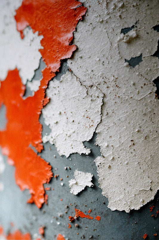 Close-up of textured peeling paint with bright orange-red paint over a gray surface and large areas of off-white paint chipped away to reveal the gray underneath.