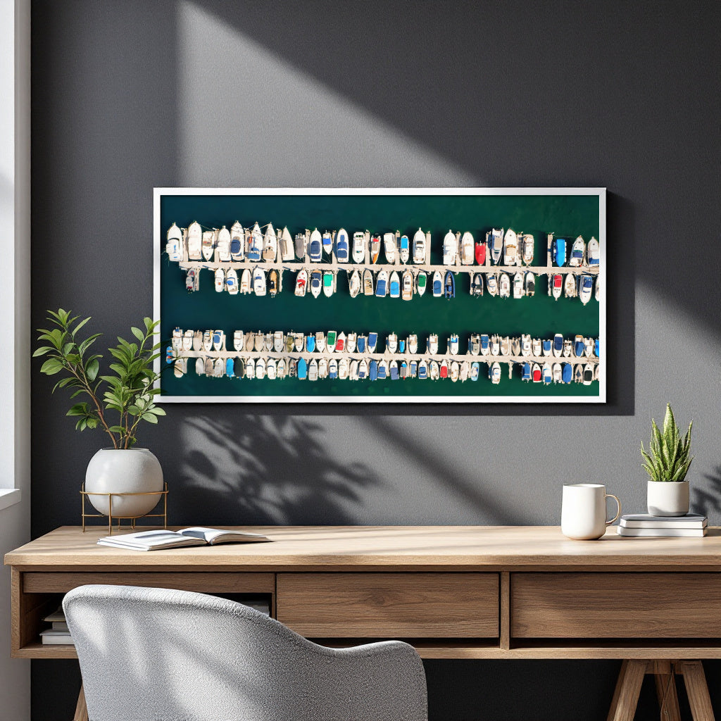 A framed wall art print hangs above a wooden desk in a modern room. The print shows many small bottles arranged in rows on a dark green background, enclosed in a white frame.