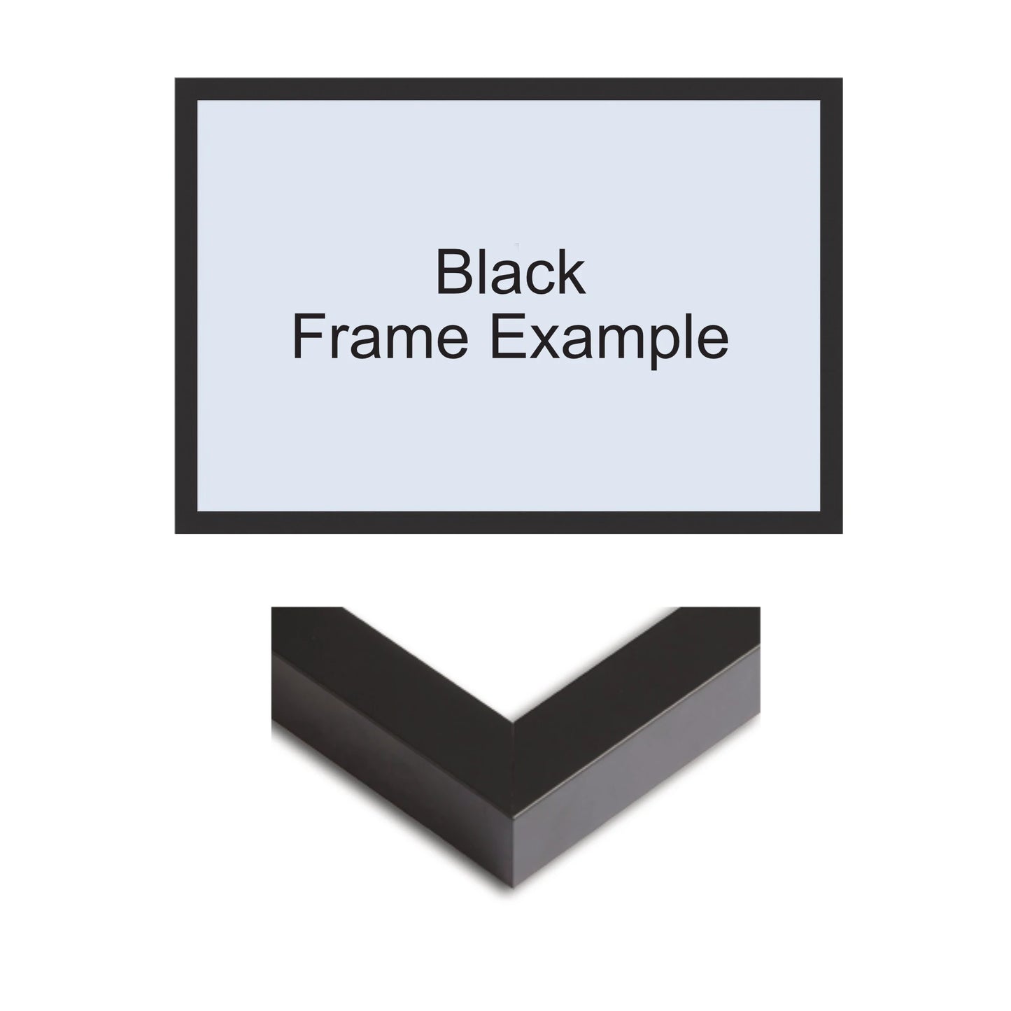 A product diagram showing a black picture frame sample with the text 'Black Frame Example' above an isometric view of the black frame corner on a white background.