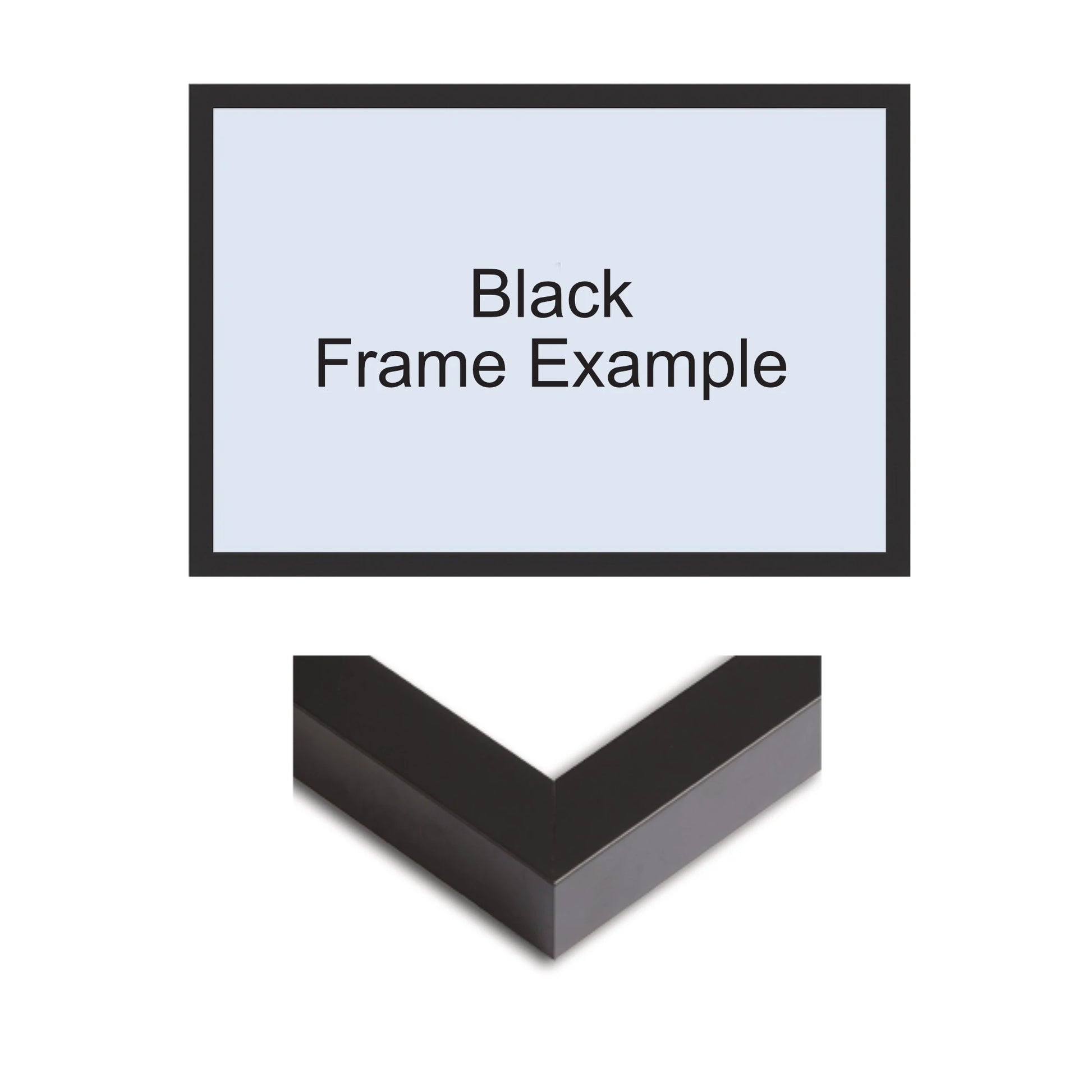 A product diagram showing a black picture frame sample with the text 'Black Frame Example' above an isometric view of the black frame corner on a white background.