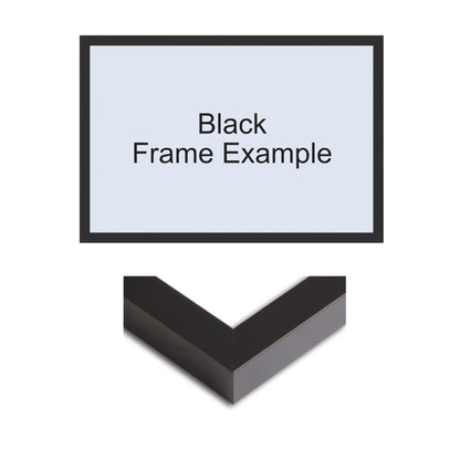 A product diagram showing a black picture frame sample with the text 'Black Frame Example' above an isometric view of the black frame corner on a white background.