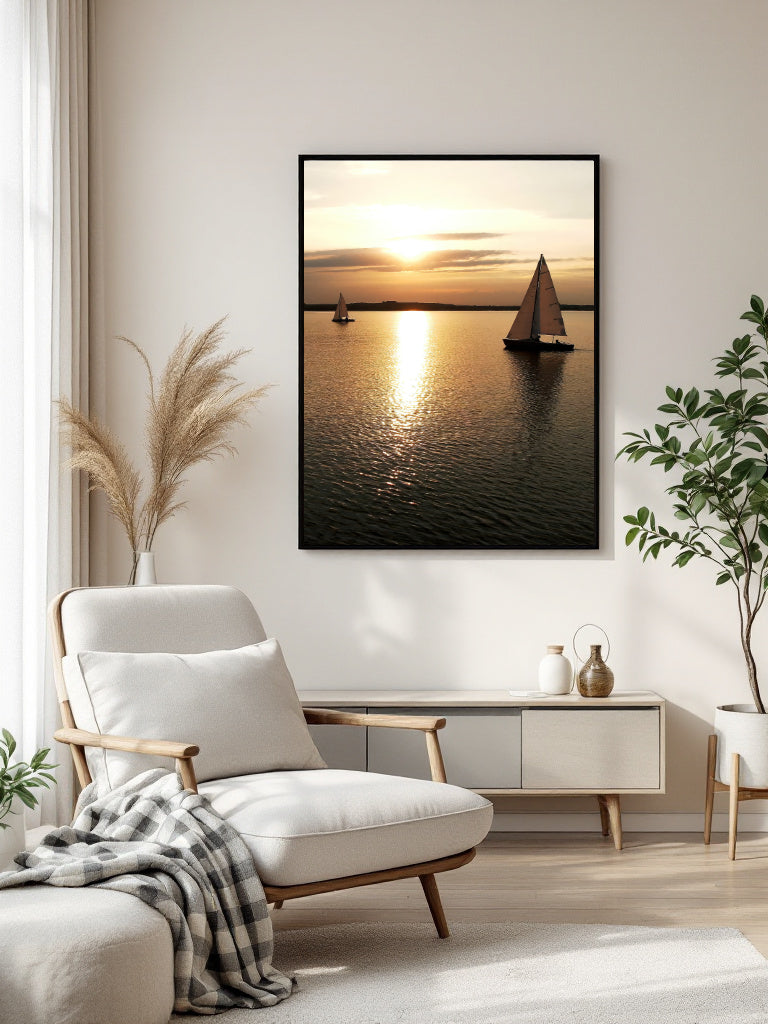 A framed vertical canvas print of a sunset over the water with sailboats, displayed on a light beige wall in a modern living room setting with a white armchair, console table, and potted plants.