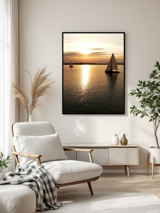 A framed vertical canvas print of a sunset over the water with sailboats, displayed on a light beige wall in a modern living room setting with a white armchair, console table, and potted plants.