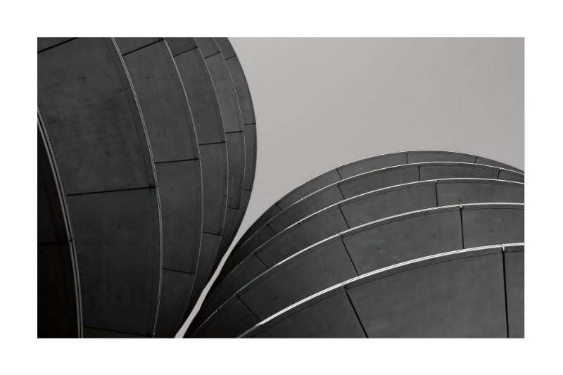 Black and white architectural photograph of two curved dome-like structures with linear paneling, presented with a white border.