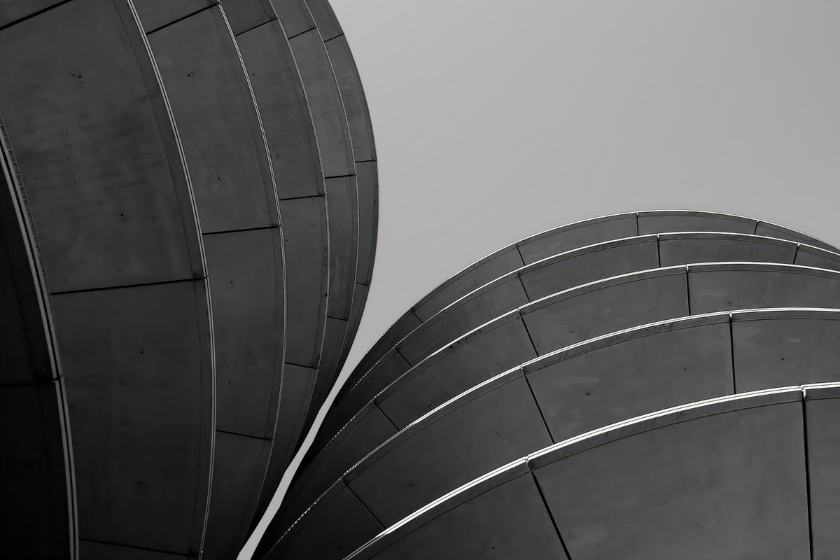 Black and white architectural photograph featuring curved, ribbed dome-like structures against a flat gray sky.