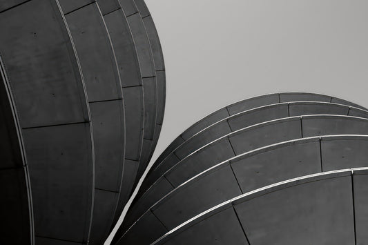 Black and white architectural photograph featuring curved, ribbed dome-like structures against a flat gray sky.