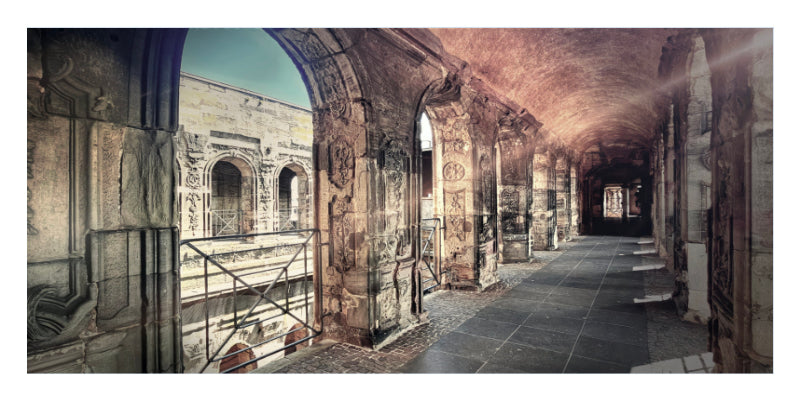A sepia-toned architectural corridor with stone arches, columns, tiled floor, and bright light rays streaming in from an opening on the left.