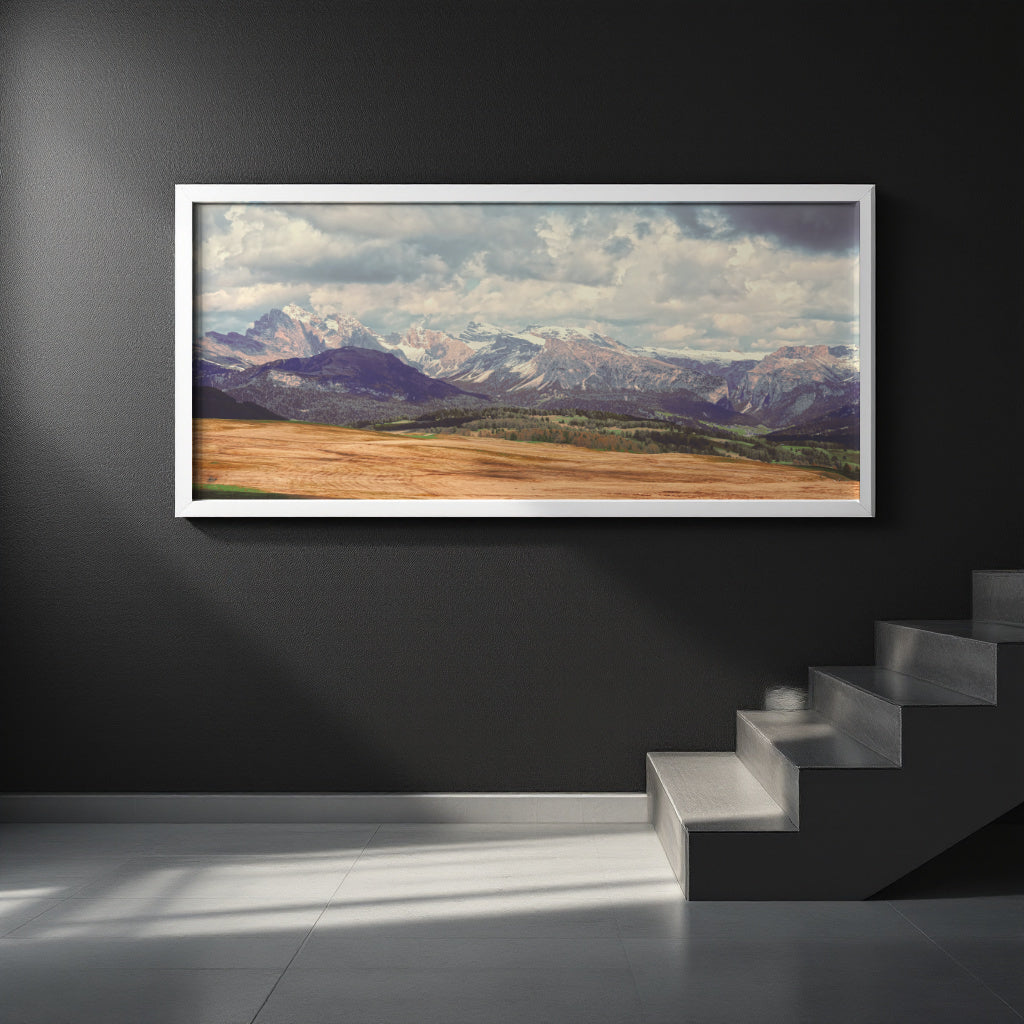 Dolomites panoramic fine-art landscape print displayed in a premium framed interior mock-up