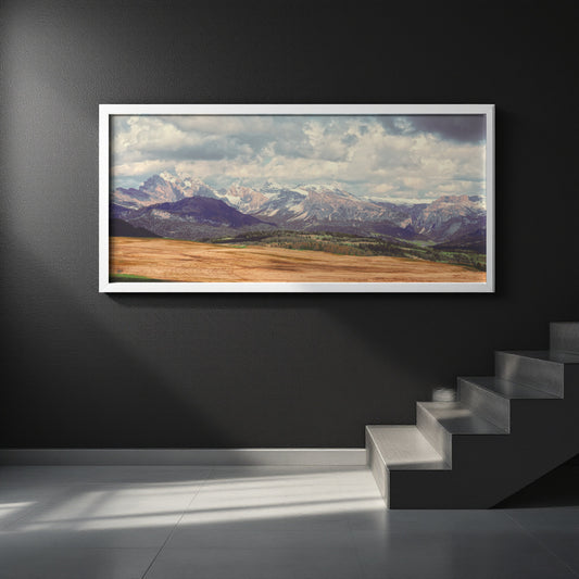 Dolomites panoramic fine-art landscape print displayed in a premium framed interior mock-up