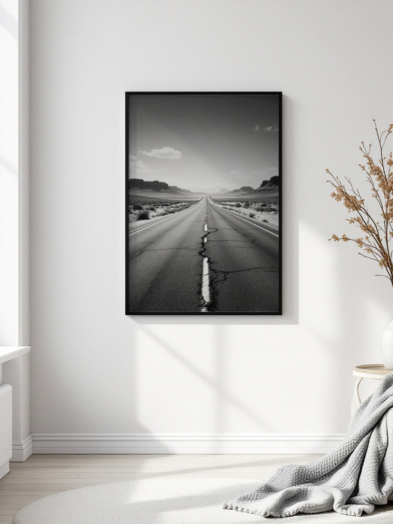 A black and white framed wall art print depicting a straight road leading to distant mountains, displayed on a white wall in a modern room setting with a throw blanket and dried branches.