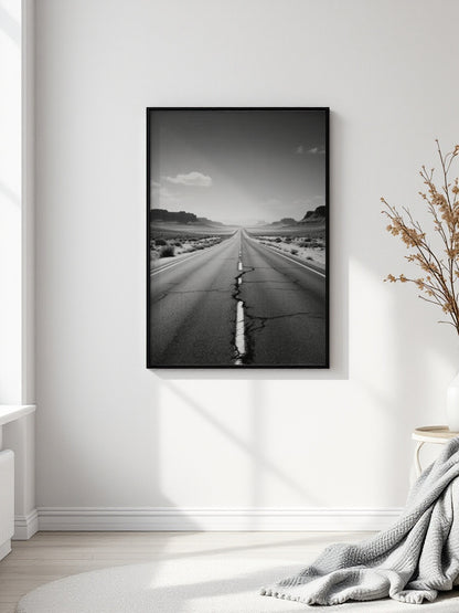 A black and white framed wall art print depicting a straight road leading to distant mountains, displayed on a white wall in a modern room setting with a throw blanket and dried branches.