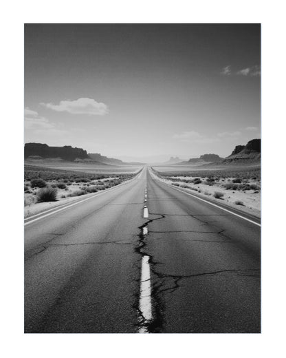 Black and white landscape photograph of a straight cracked asphalt road leading toward distant desert rock formations under a cloudy sky.